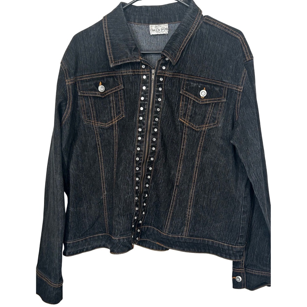 Caren Sport Dark Stretch Denim Jacket Rhinestone Accent No Size Read for Measure